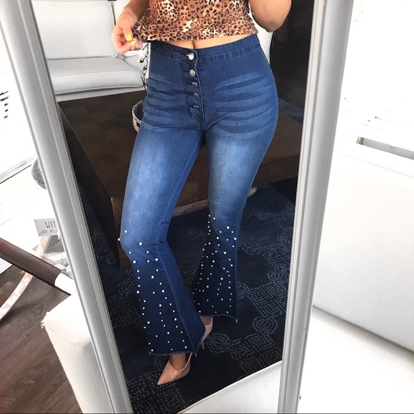 🆕 DARK BLUE DENIM PEARL BELL SHAPE BOTTOM JEANS - Picture 4 of 11